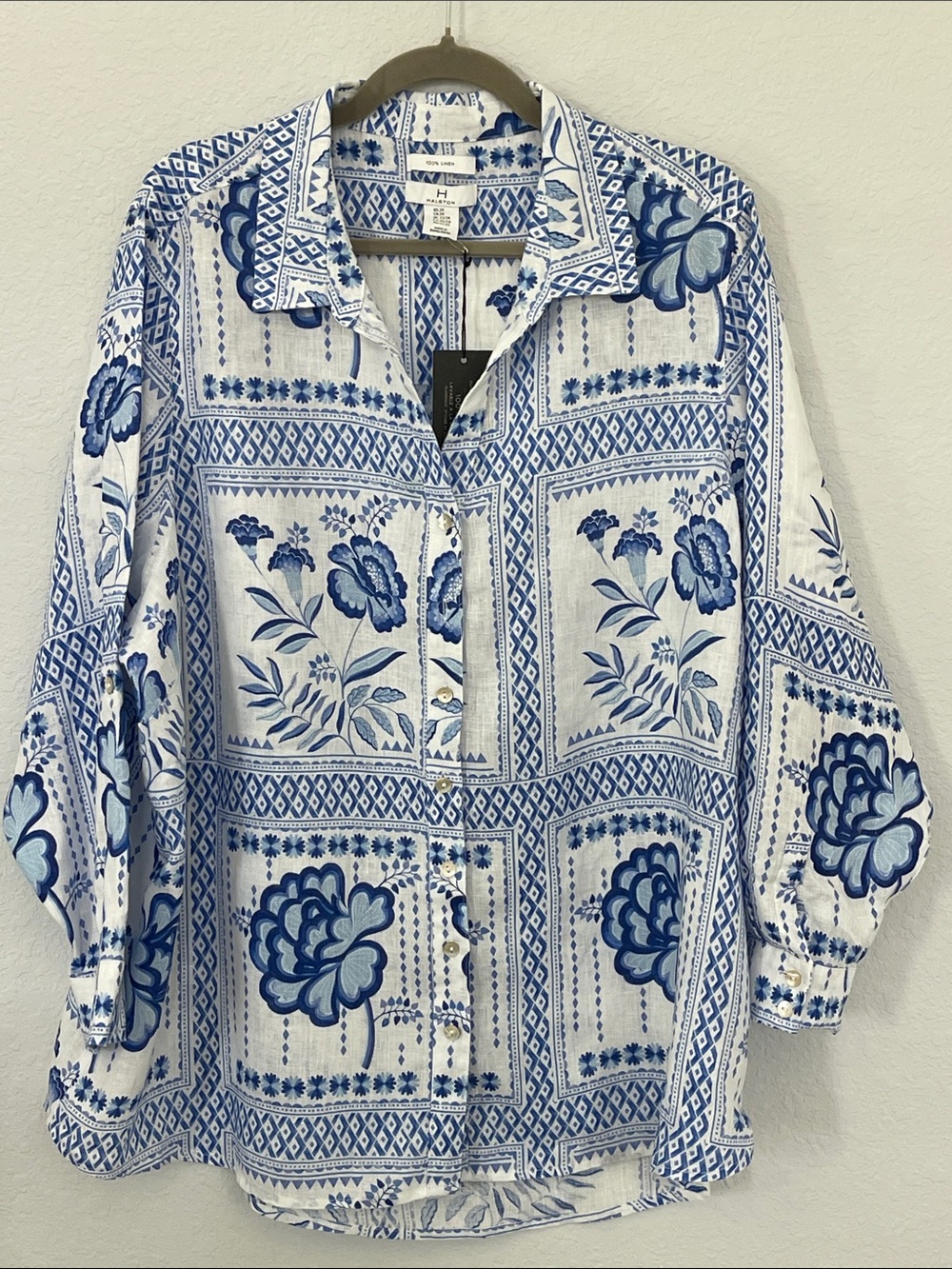 Halston 2X 100% Linen Blue White Floral Button Down Shirt NWT